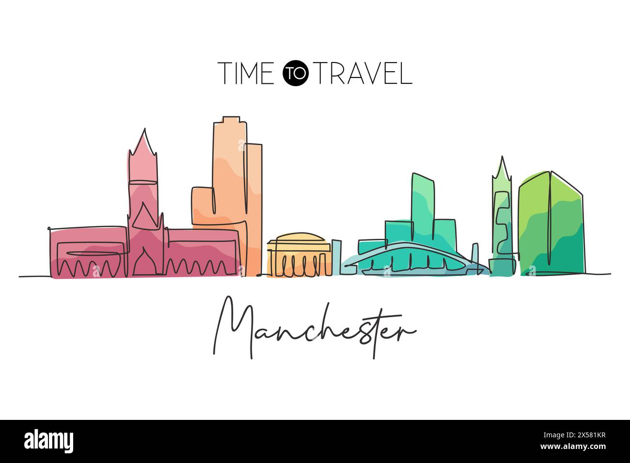 Un disegno a linea singola dello skyline di Manchester. Il paesaggio dei grattacieli della città nel mondo. La migliore destinazione per le vacanze, decorazioni murali, poster, arte, regalo per le vacanze Illustrazione Vettoriale