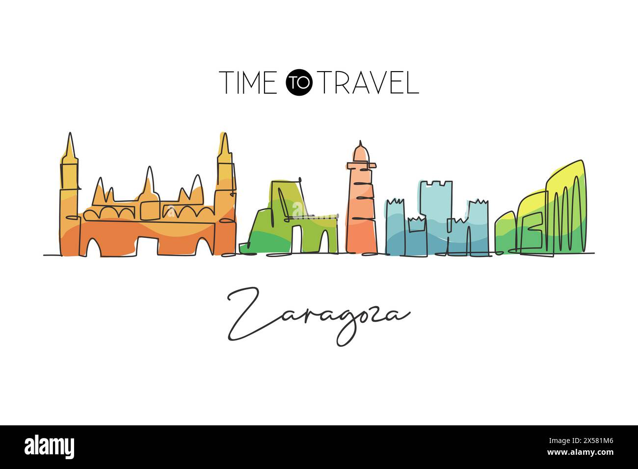 Un disegno su una sola linea dello skyline di Saragozza, Spagna. Il paesaggio storico dei grattacieli nel mondo. Poster con decorazioni murali, la migliore destinazione per le vacanze Illustrazione Vettoriale