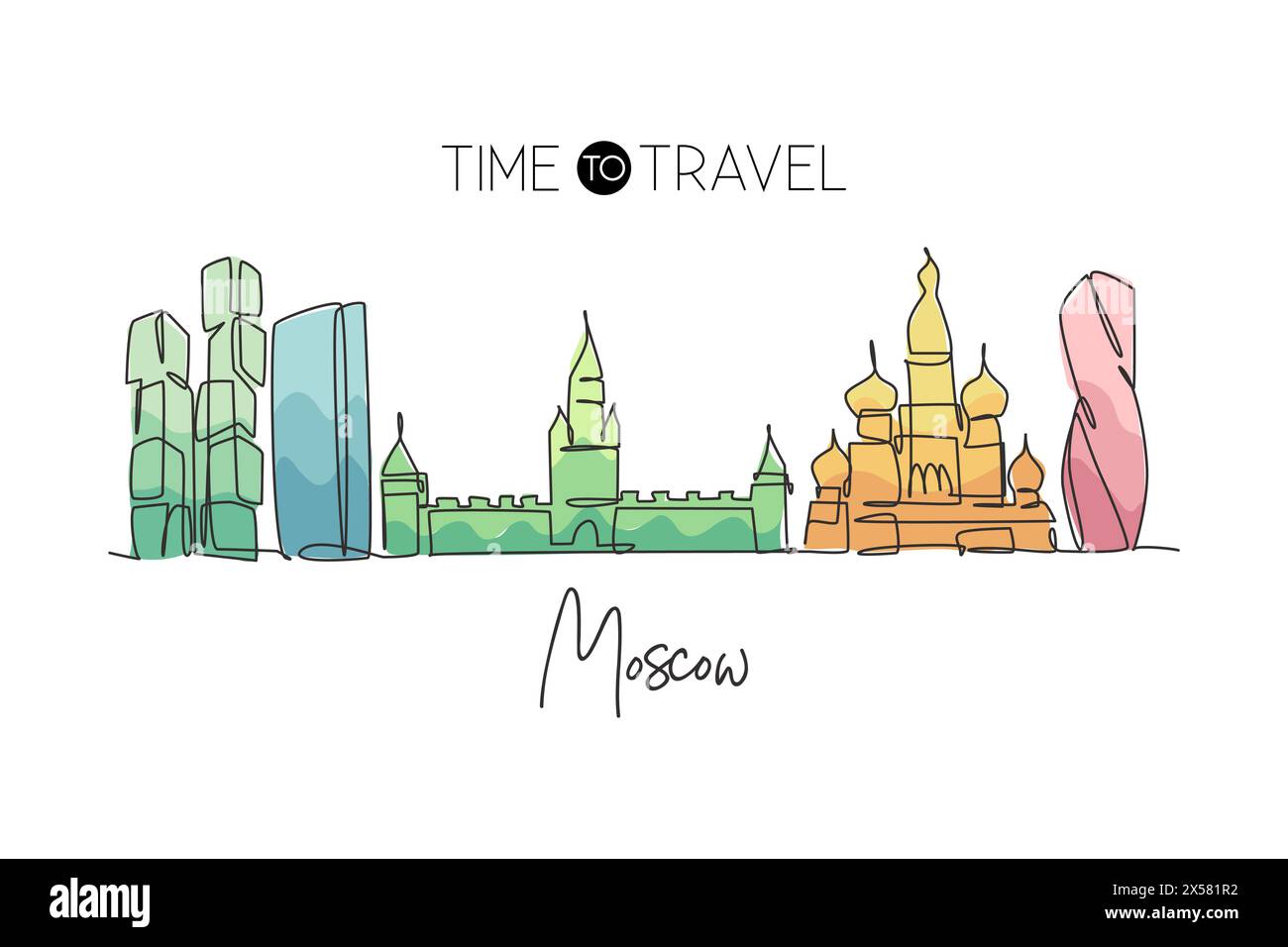 Disegno a linea singola continua dello skyline della città di Mosca, Russia. Famoso raschietto e paesaggio cittadino. World Travel Concept Home wall decor poster print ar Illustrazione Vettoriale