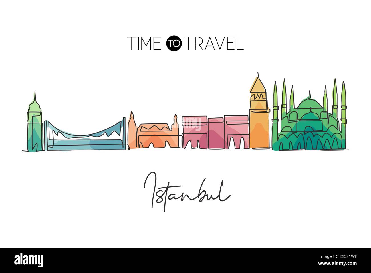 Un disegno continuo dello skyline di Istanbul, Turchia. Splendido punto di riferimento. Poster di vacanza World landscape Tourism Travel. Str. Elegante modificabile Illustrazione Vettoriale