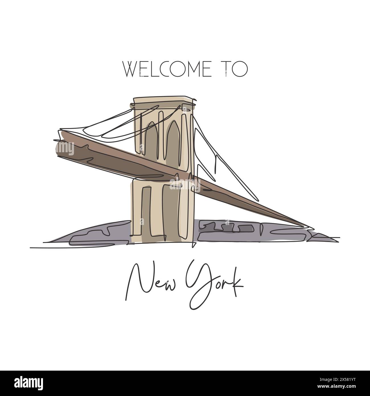 Una linea continua che disegna il punto di riferimento del Ponte di Brooklyn. La bellezza mondiale è un luogo iconico a New York, Stati Uniti. Arredamento per la casa, stampa di poster artistici. Peccato moderno Illustrazione Vettoriale