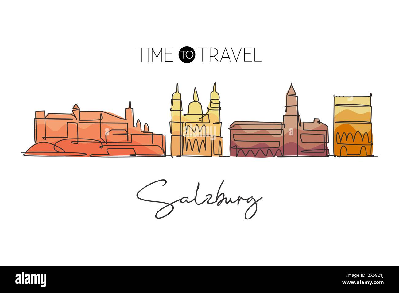 Un disegno continuo dello skyline di Salisburgo, Austria. Splendido punto di riferimento. Turismo paesaggistico mondiale e vacanza di viaggio. Grafica elegante modificabile Illustrazione Vettoriale