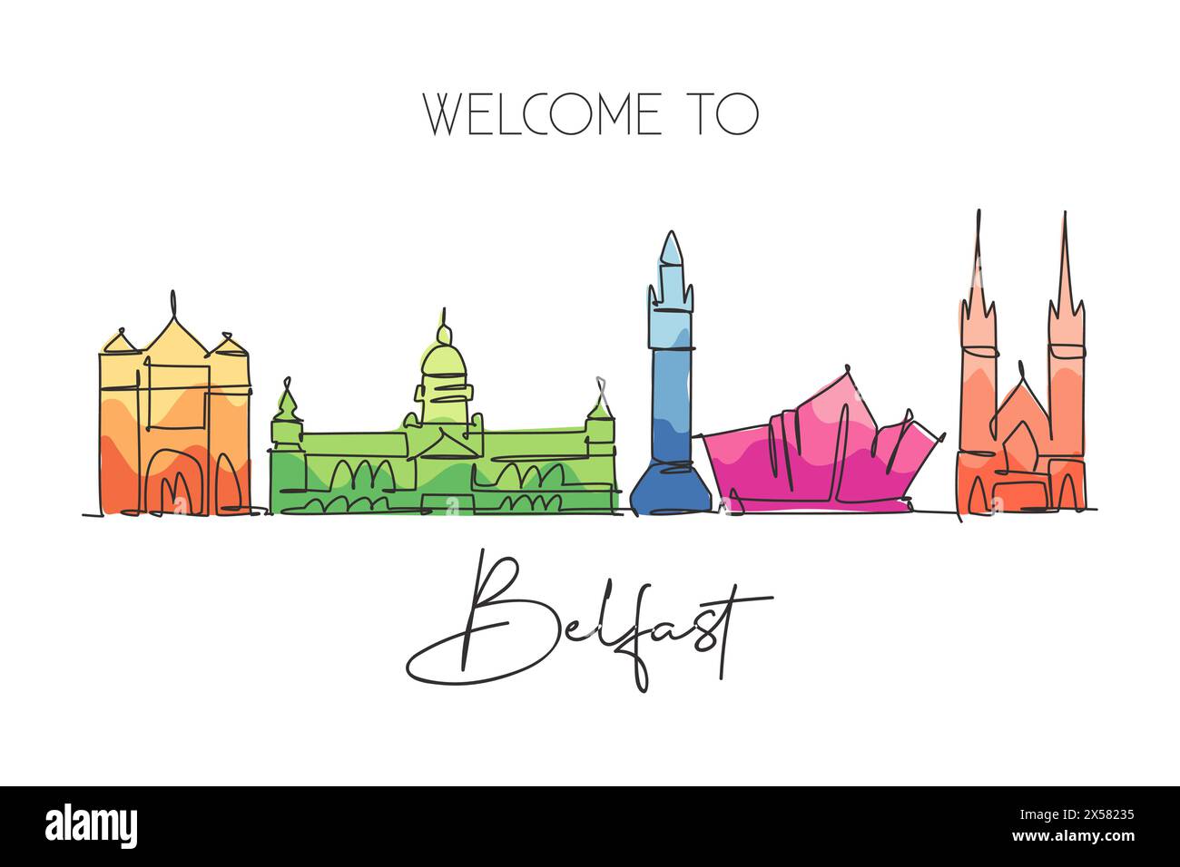 Un disegno su una sola linea dello skyline di Belfast, Irlanda del Nord. Paesaggio storico nel mondo. La migliore destinazione per le vacanze. Tratto modificabile alla moda Illustrazione Vettoriale