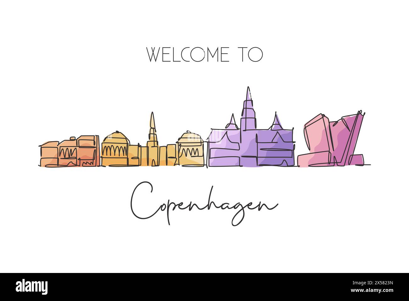 Una linea singola che disegna lo skyline della città di Copenaghen, Danimarca. Il paesaggio storico della città nel mondo. La migliore destinazione per le vacanze con decorazioni a parete e stampa di poster. Alla moda Illustrazione Vettoriale