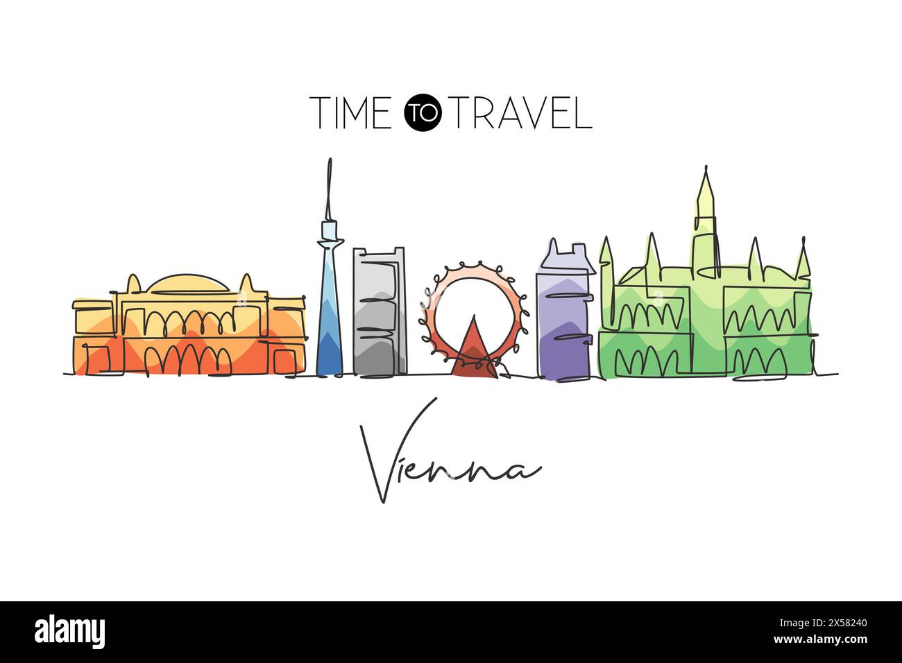 Una linea continua che disegna lo skyline di Vienna, Austria. Splendido punto di riferimento. Poster di vacanza World landscape Tourism Travel. Grafica elegante modificabile Illustrazione Vettoriale