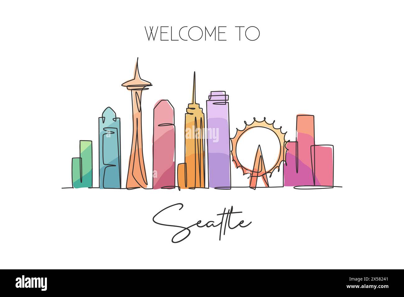 Disegno a linea singola continua dello skyline di Seattle, Stati Uniti. Famoso raschietto della città e paesaggio per l'arredamento delle pareti, poster, stampe artistiche. Concetto di viaggio nel mondo. Illustrazione Vettoriale