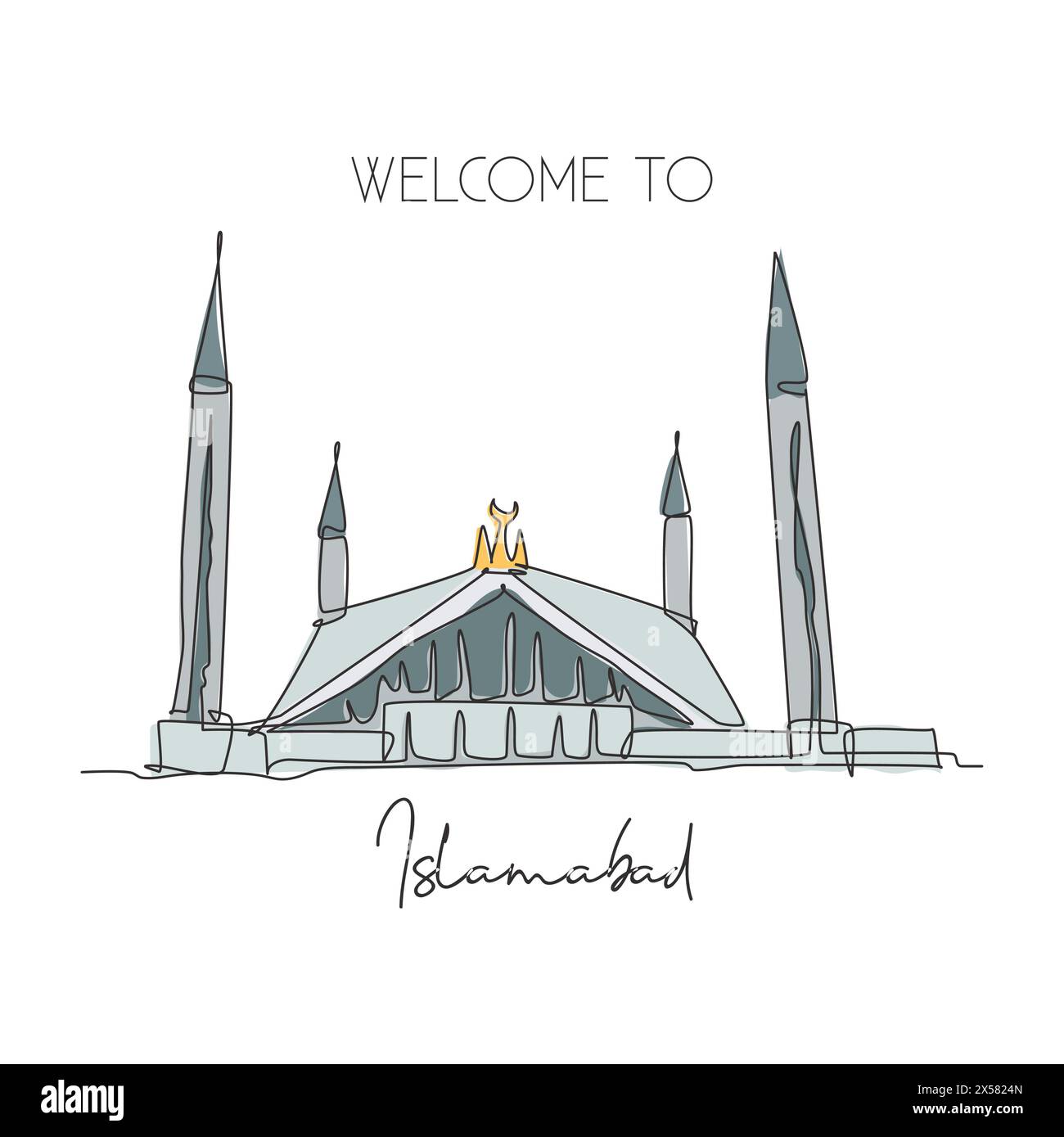 Linea singola continua che disegna il punto di riferimento della Moschea Shah Faisal. Bel posto famoso a Islambad, Pakistan. Poster con arredamento da parete World Travel Home. Illustrazione Vettoriale