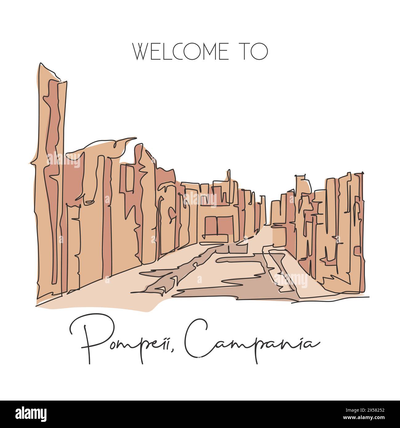 Una linea continua che disegna Pompei, simbolo della città romana classica. Skyline storico di Napoli, Italia. Poster decorato per le vacanze. TR Illustrazione Vettoriale