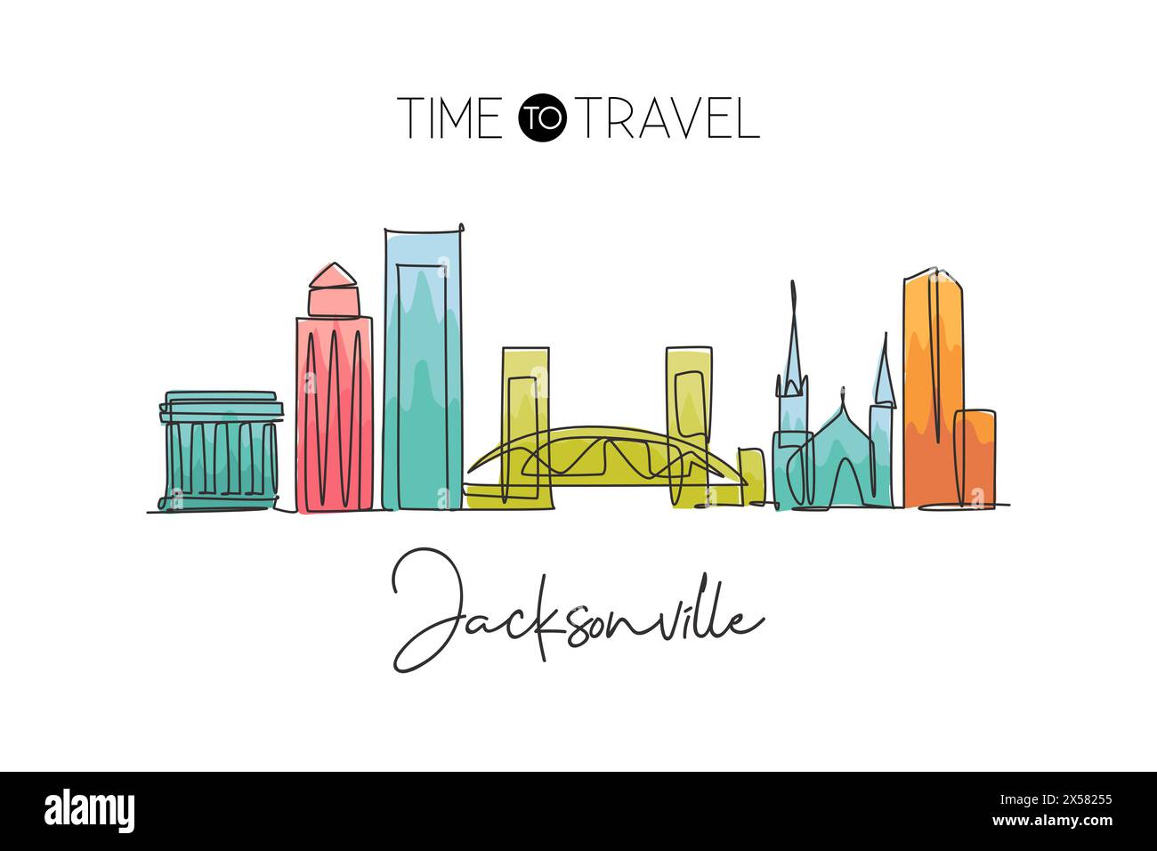 Un disegno a linea singola dello skyline di Jacksonville, Stati Uniti. Il paesaggio storico della città nel mondo. Poster delle migliori destinazioni di vacanza. Tratto modificabile alla moda Illustrazione Vettoriale