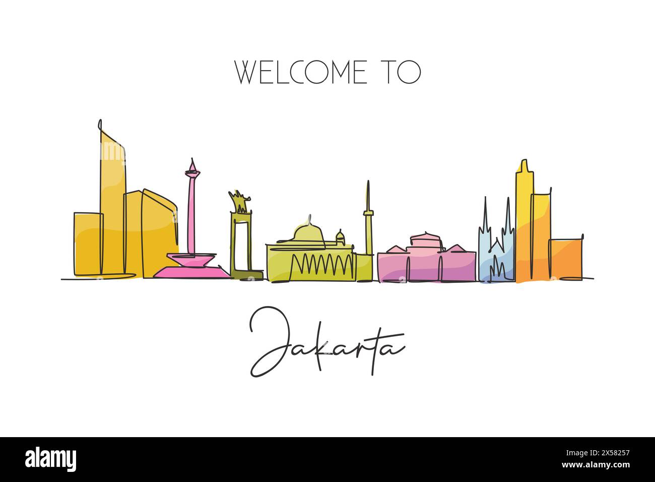 Disegno a linea singola continua dello skyline di Giacarta, Indonesia. Il famoso paesaggio cittadino dei raschiatori. World Travel Concept Home wall decor poster print ar Illustrazione Vettoriale