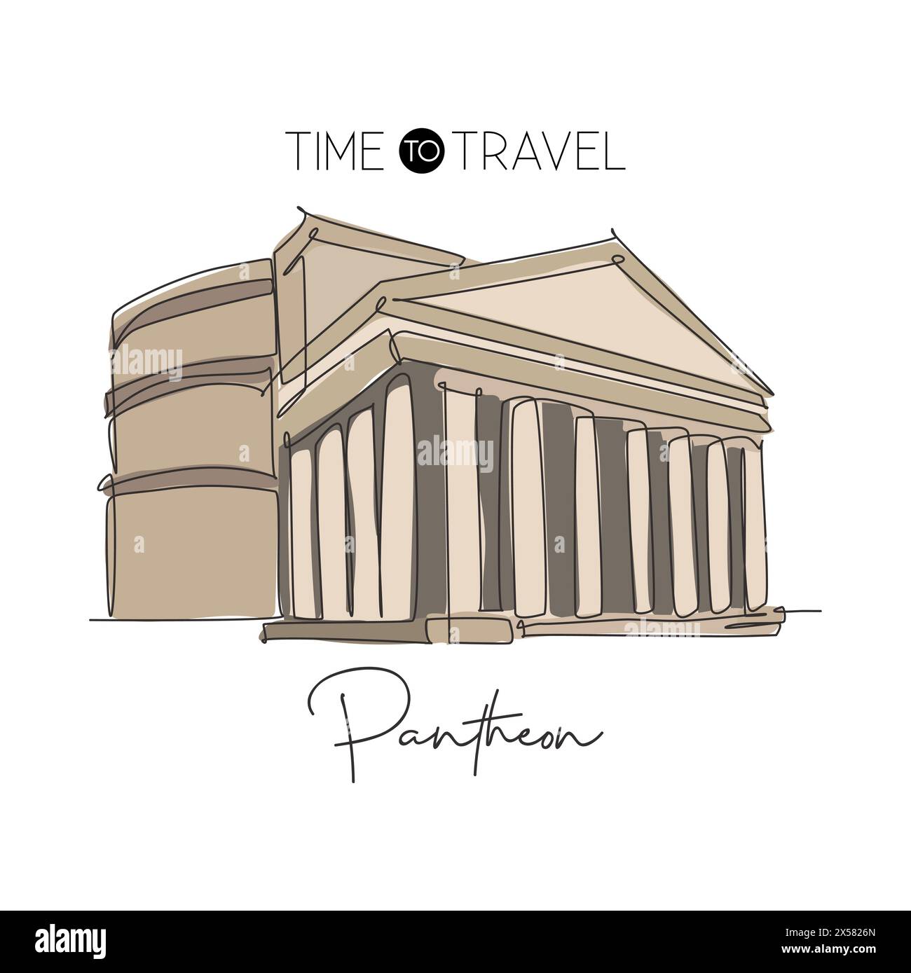 Una linea continua disegna l'antico edificio romano, punto di riferimento del Pantheon. Tempio del Pantheum a Roma, Italia. Decorazioni murali in stile poster artistico per le vacanze. Illustrazione Vettoriale