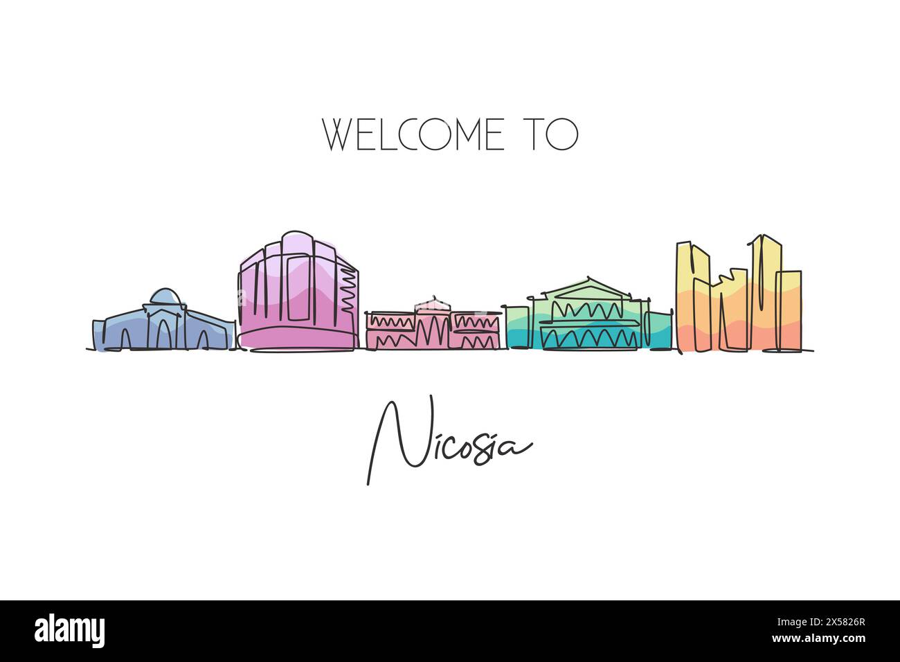 Un disegno continuo dello skyline di Nicosia, Cipro. Splendido punto di riferimento. Poster del turismo paesaggistico mondiale e delle vacanze di viaggio. Elegante e modificabile Illustrazione Vettoriale
