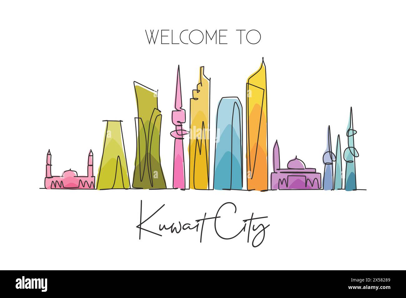 Disegno a linea singola continua dello skyline della città del Kuwait in Medio Oriente. Famoso raschietto cittadino e stampa di poster da parete con decorazioni paesaggistiche. Il mondo dei viaggi Illustrazione Vettoriale
