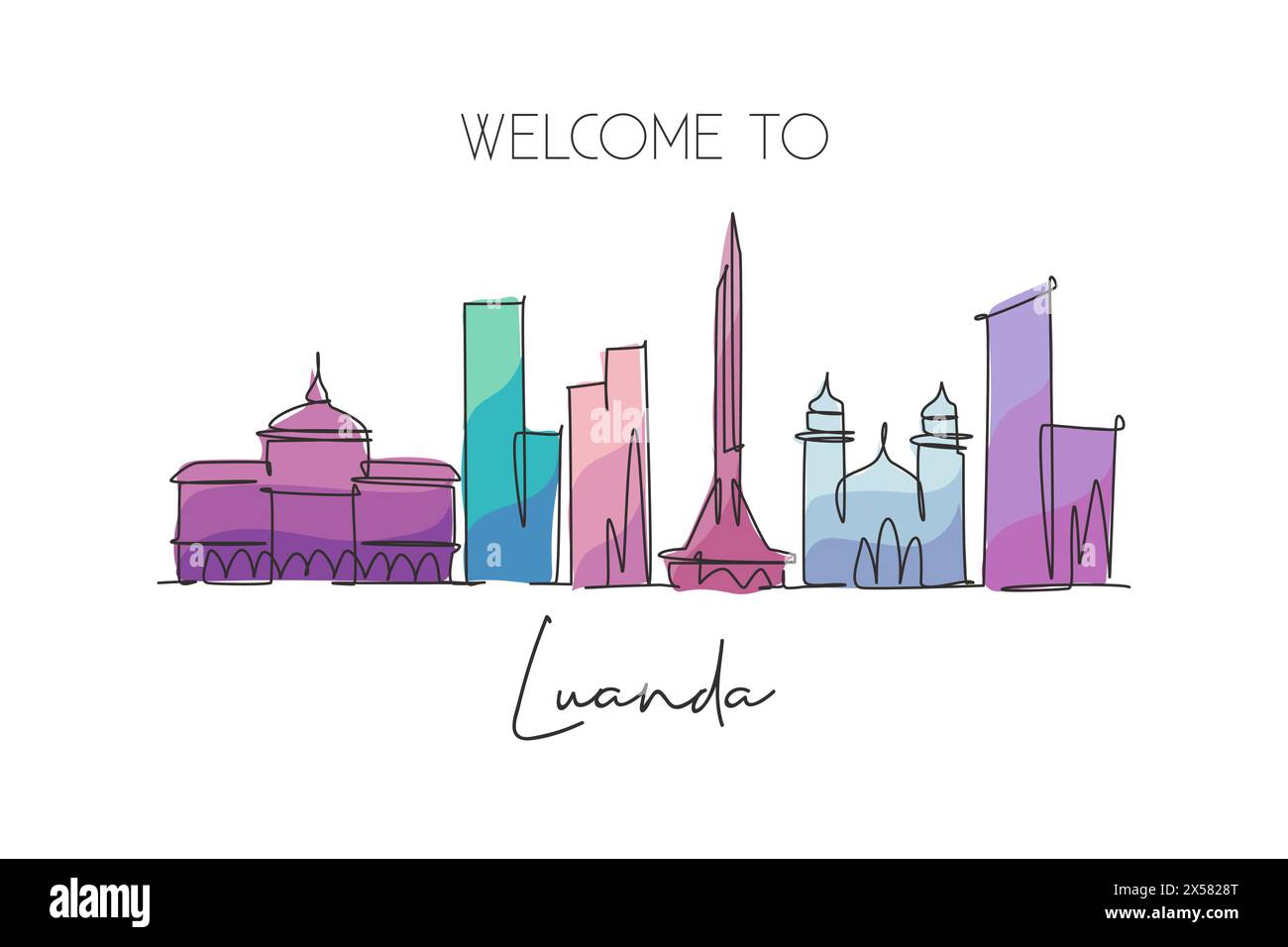 Un disegno continuo dello skyline di Luanda, Angola. Splendido punto di riferimento. Turismo paesaggistico mondiale e vacanza di viaggio. Tratti eleganti modificabili Illustrazione Vettoriale