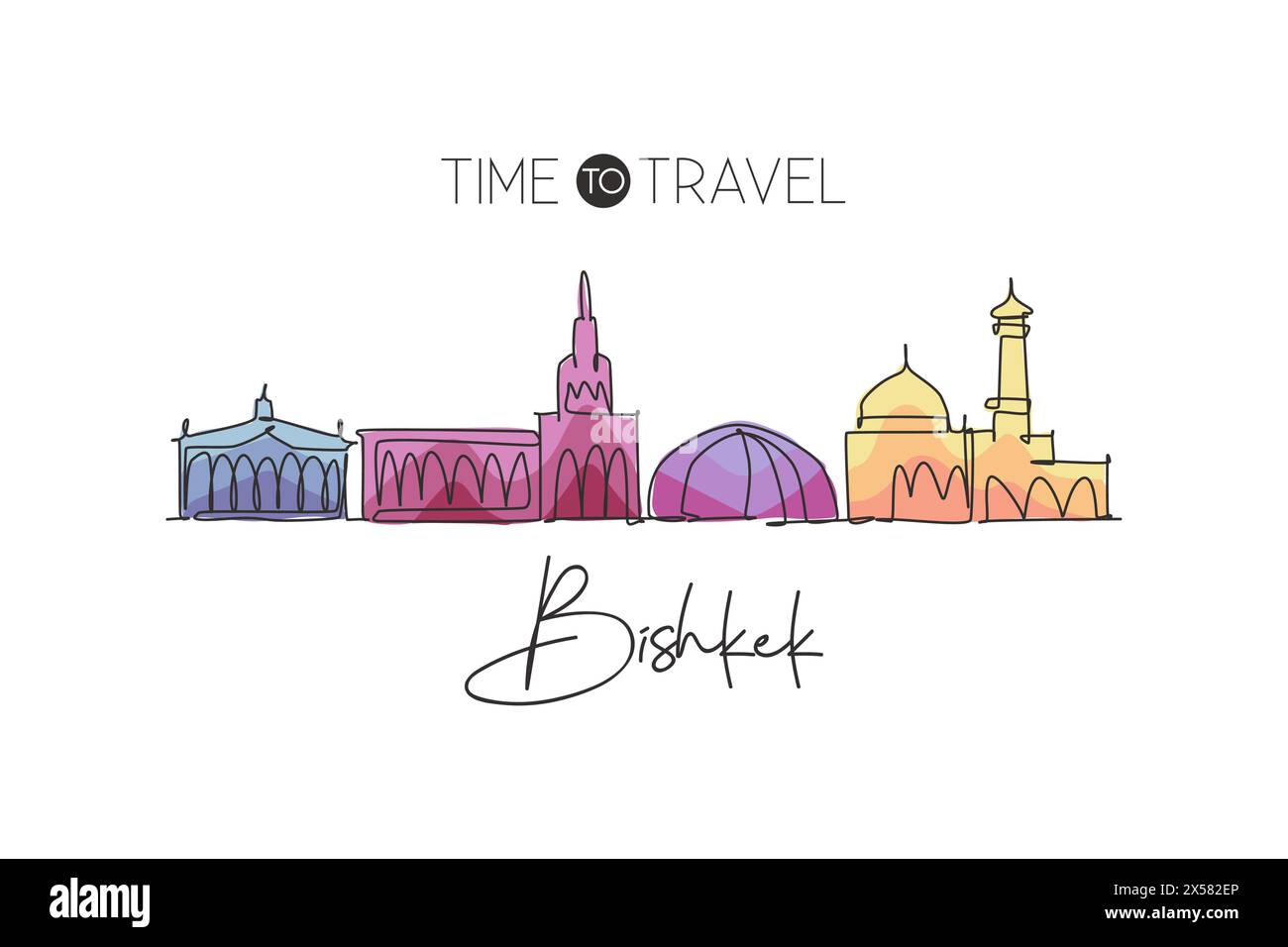 Disegno a linea singola continua dello skyline di Bishkek, Kirghizistan. Il famoso paesaggio cittadino dei raschiatori. World Travel concept cartolina stampa art. Traccia modificabile Illustrazione Vettoriale