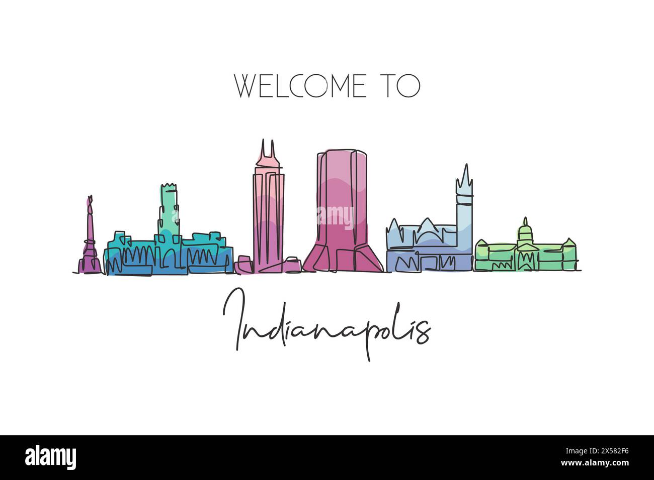 Un disegno continuo dello skyline di Indianapolis, Stati Uniti. Splendido punto di riferimento. Poster di viaggio del turismo paesaggistico mondiale. Eleganti e modificabili Illustrazione Vettoriale