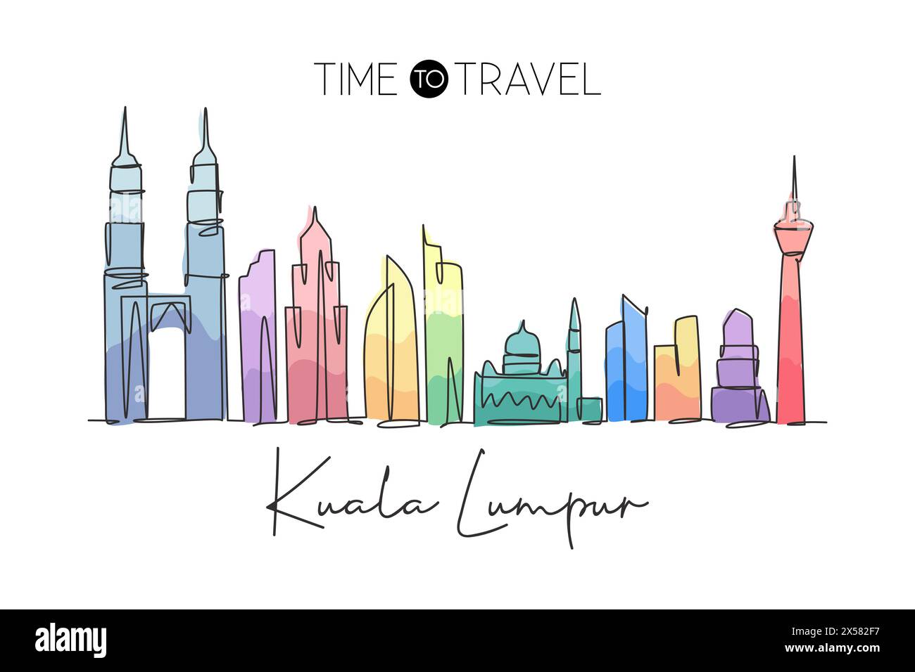 Disegno a linea singola continua dello skyline della città di Kuala Lumpur, Malesia. Famoso paesaggio cittadino. Design da viaggio in tutto il mondo, arredamento da parete, stampa di poster artistici. M Illustrazione Vettoriale