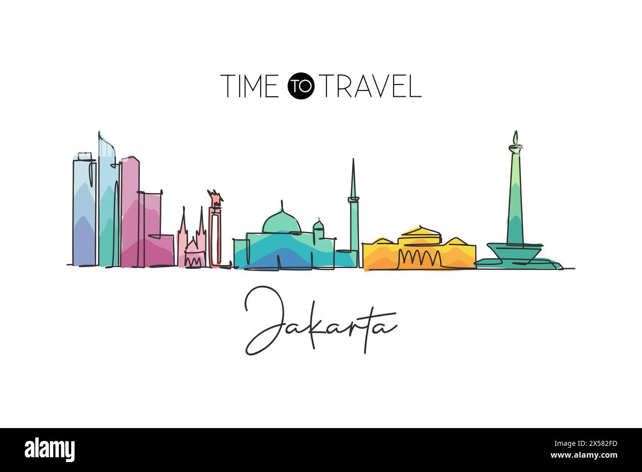 Una linea continua che disegna lo skyline di Giacarta, Indonesia. Splendido punto di riferimento. Poster di vacanza World landscape Tourism Travel. Eleganti e modificabili Illustrazione Vettoriale