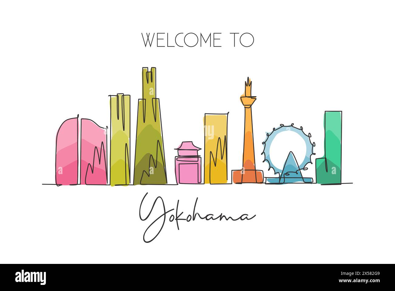 Un disegno continuo dello skyline della città di Yokohama, Giappone. Splendido punto di riferimento. Poster del turismo paesaggistico mondiale e delle vacanze di viaggio. Elegante e modificabile Illustrazione Vettoriale