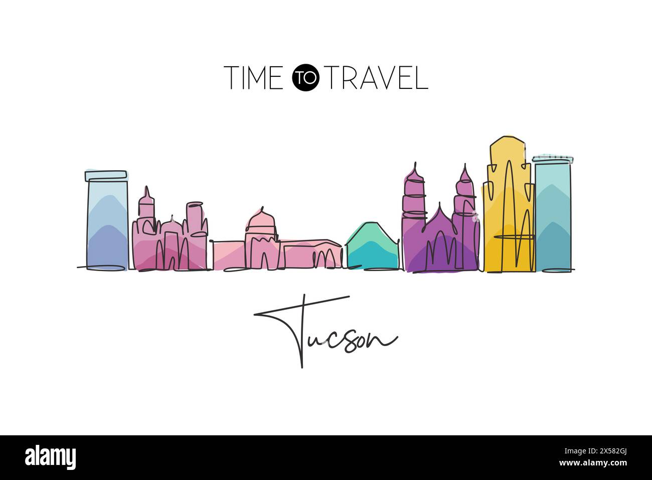 Un disegno su una sola linea dello skyline di Tucson, Arizona. Il paesaggio storico della città nel mondo. Poster delle migliori destinazioni di vacanza. Tratto modificabile tren Illustrazione Vettoriale