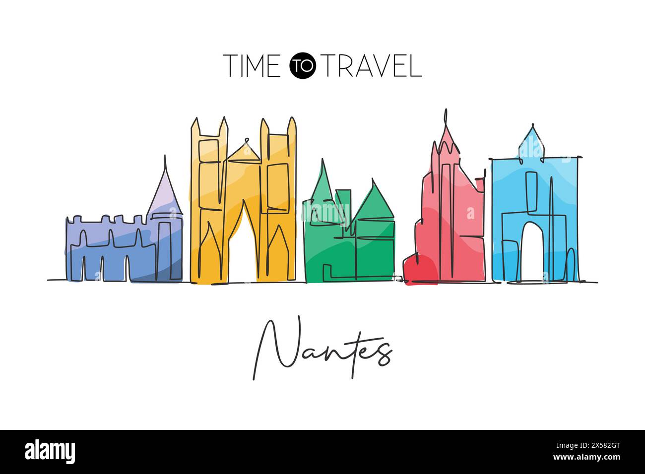 Un disegno a linea singola dello skyline di Nantes, Francia. Grattacielo storico e paesaggio nel mondo. Poster con decorazioni murali della migliore destinazione per le vacanze. TREN Illustrazione Vettoriale