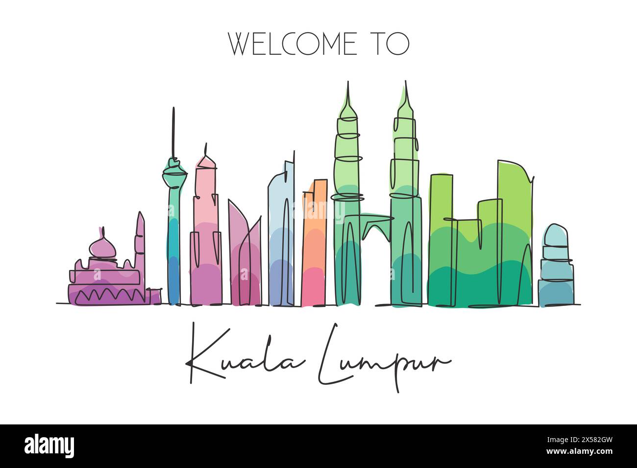 Un disegno a linea singola dello skyline di Kuala Lumpur, Malesia. Il paesaggio storico della città nel mondo. La migliore destinazione per le vacanze. Tratto modificabile tren Illustrazione Vettoriale