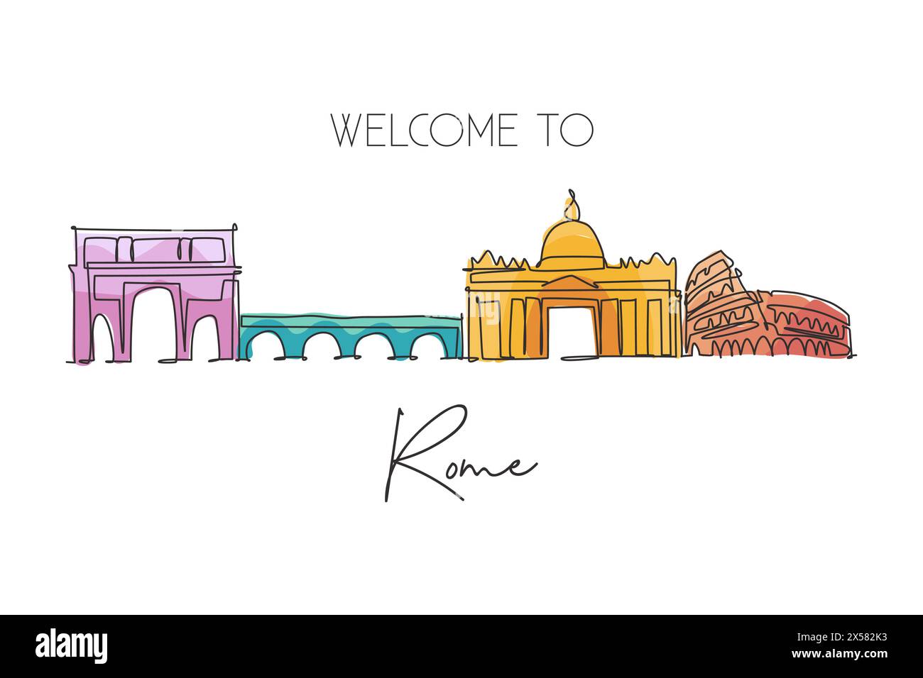 Disegno a linea singola continua dello skyline di Roma, Italia. Il famoso paesaggio dei grattacieli di Roma. World Travel Home decor da parete poster stampa art concept. M Illustrazione Vettoriale