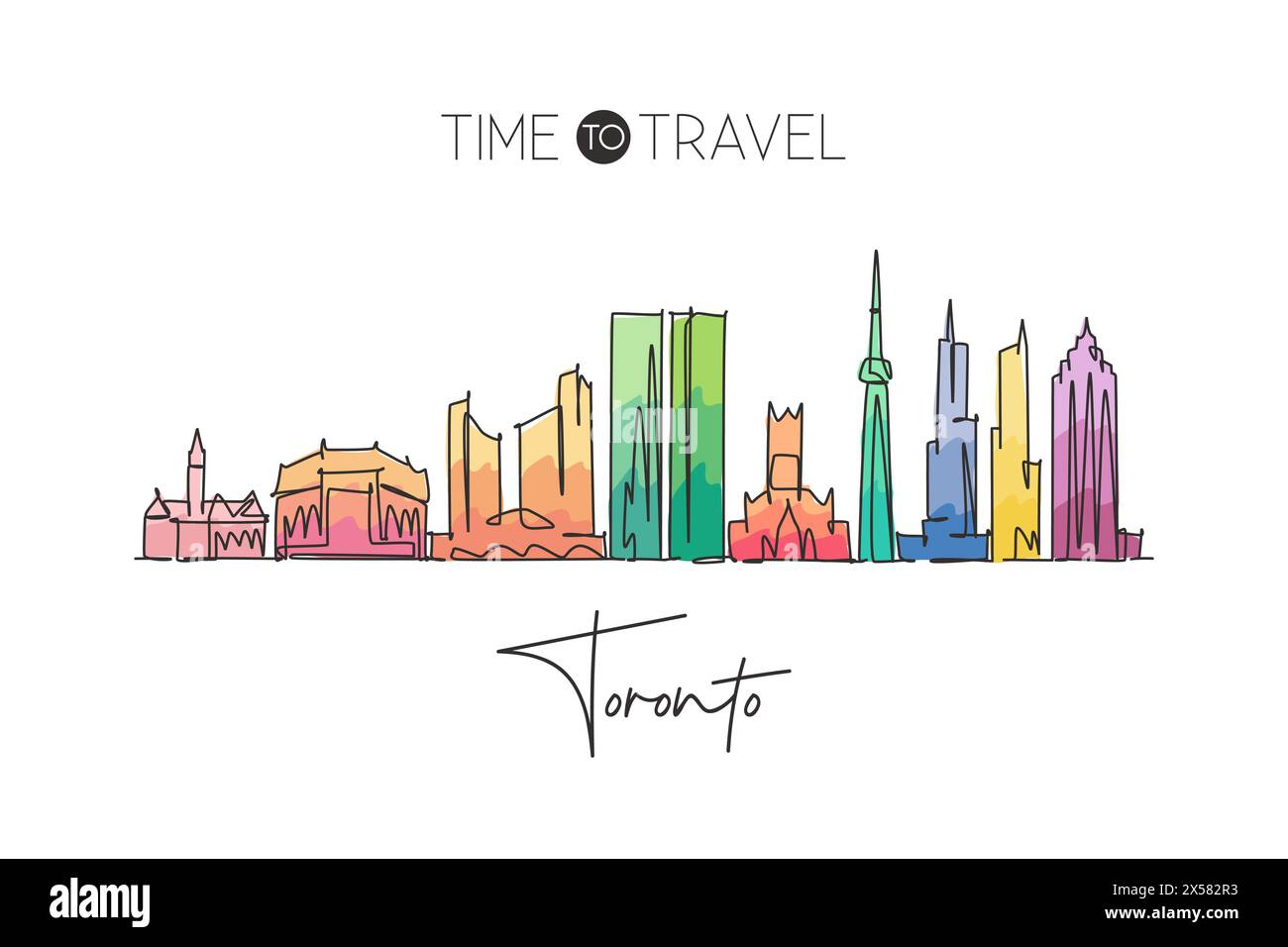 Un disegno su una sola linea dello skyline di Toronto, Canada. Il paesaggio storico della città. La migliore casa per le vacanze, arredamento da parete, stampa poster. Tendenza Illustrazione Vettoriale