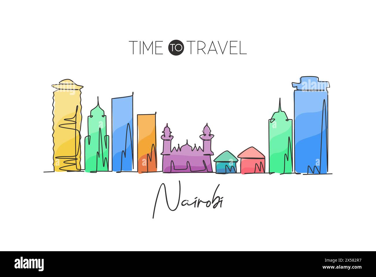 Una linea continua che disegna lo skyline di Nairobi, Kenya. Splendida cartolina. Turismo paesaggistico mondiale e vacanza di viaggio. st. Elegante modificabile Illustrazione Vettoriale