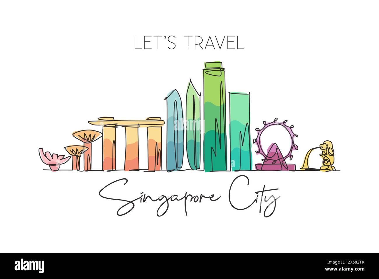 Un disegno a linea singola dello skyline di Singapore. Il paesaggio storico della città nel mondo. Poster delle migliori destinazioni di vacanza art. Tratto modificabile alla moda Illustrazione Vettoriale