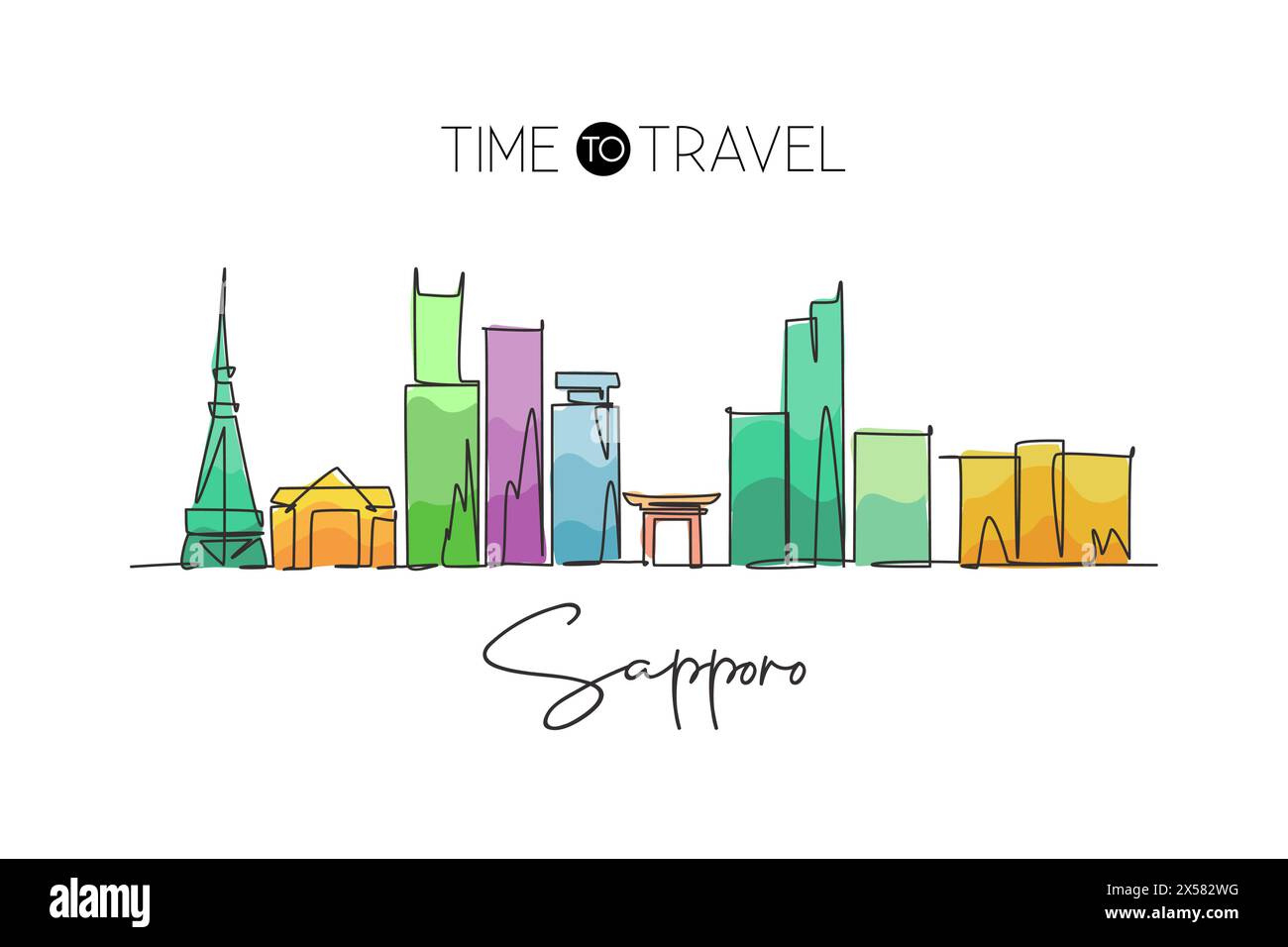 Un disegno continuo dello skyline della città di Sapporo, Giappone. Splendido punto di riferimento. Poster del turismo paesaggistico mondiale e delle vacanze di viaggio. Eleganti e modificabili Illustrazione Vettoriale