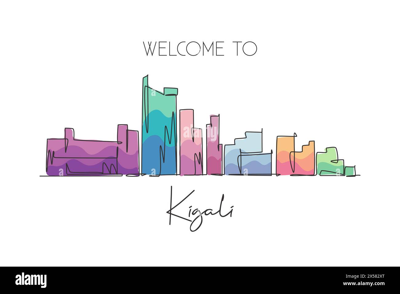 Una linea singola che disegna lo skyline di Kigali, Ruanda. Luogo storico paesaggio nell'arte da cartolina del mondo. La migliore destinazione per le vacanze. Trend tratto modificabile Illustrazione Vettoriale