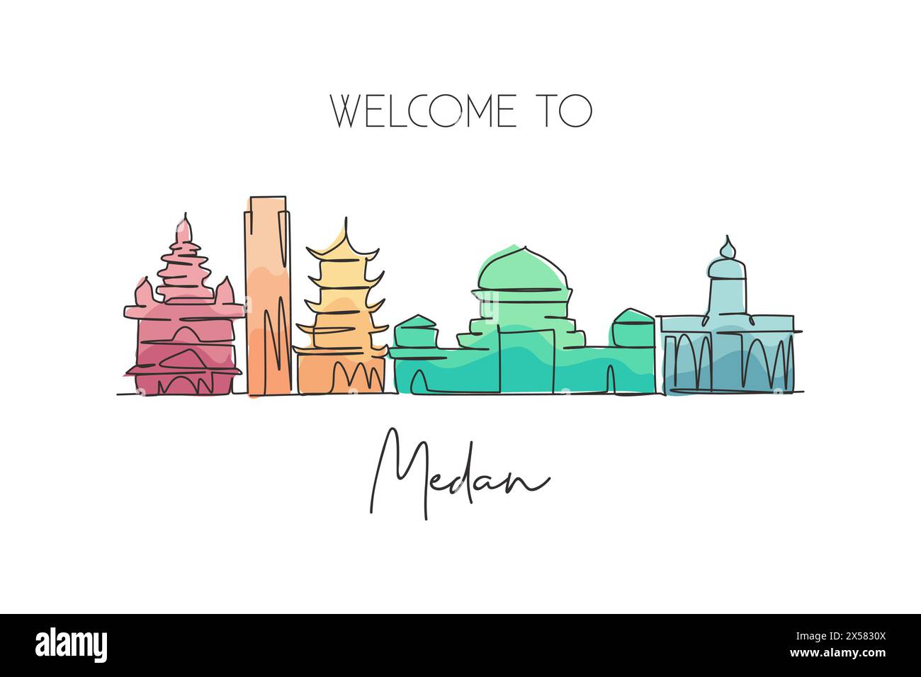 Disegno a linea singola continua dello skyline della città di Medan, Indonesia. Famoso raschietto cittadino e stampa di cartoline paesaggistiche. Concetto di viaggio nel mondo. Stro modificabile Illustrazione Vettoriale