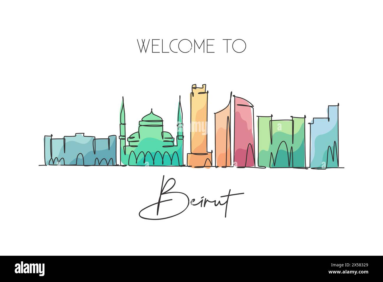 Disegno a linea singola continua dello skyline di Beirut, Libano. Famoso raschietto della città e stampa di poster decorati con pareti per la casa. Concetto di viaggio nel mondo. Illustrazione Vettoriale