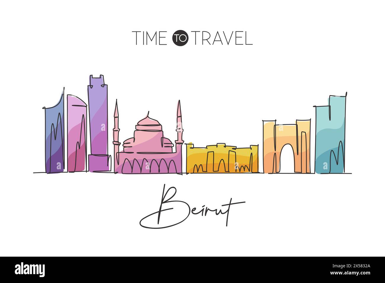 Un disegno continuo dello skyline della città di Beirut, Libano. Splendido punto di riferimento della città. Turismo paesaggistico mondiale e vacanza di viaggio. st. Elegante modificabile Illustrazione Vettoriale