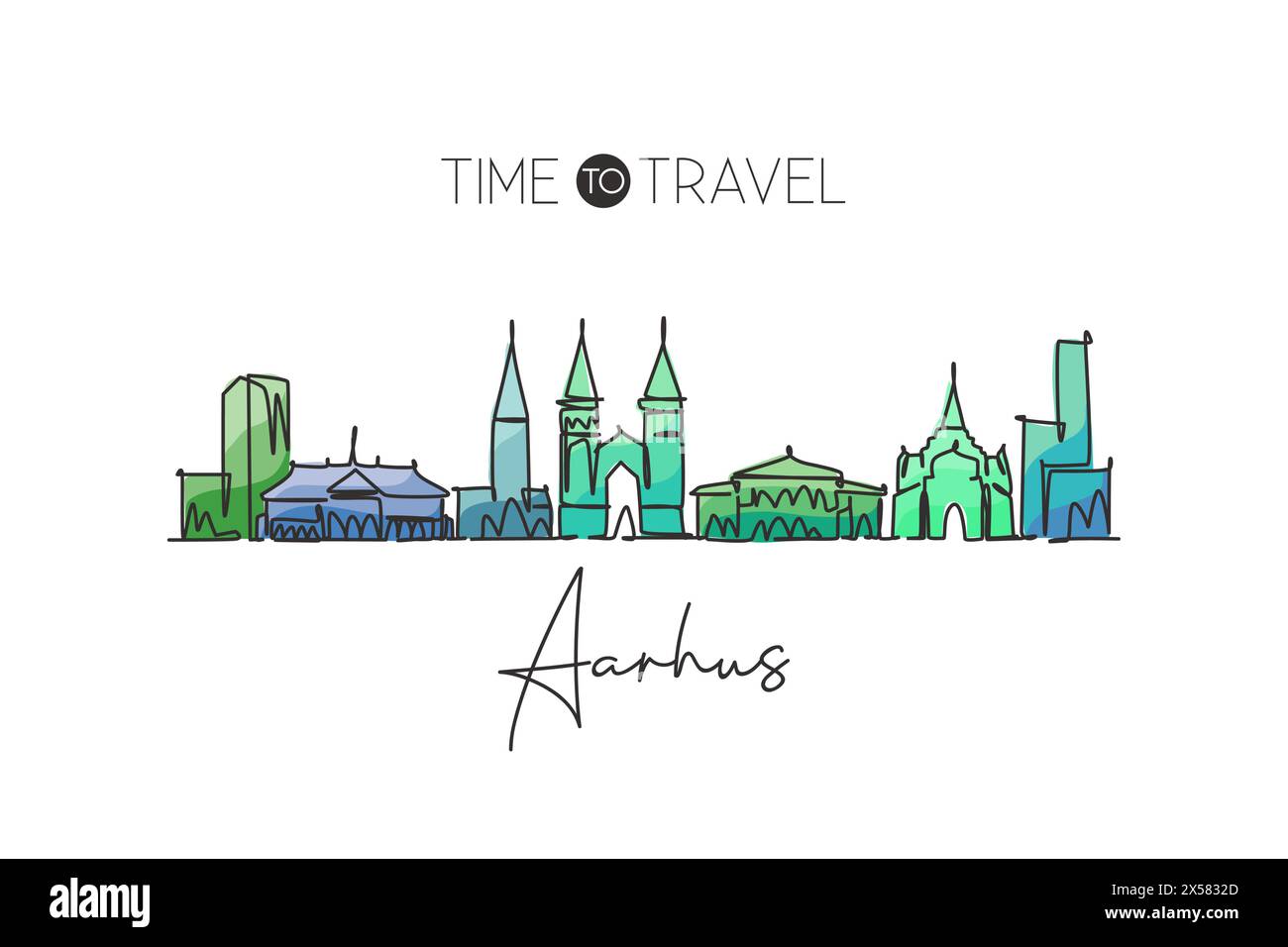 Una linea continua che disegna lo skyline della città di Aarhus, Danimarca. Splendido poster decorato con pareti in stile casa. Turismo paesaggistico mondiale vacanze di viaggio. St Illustrazione Vettoriale