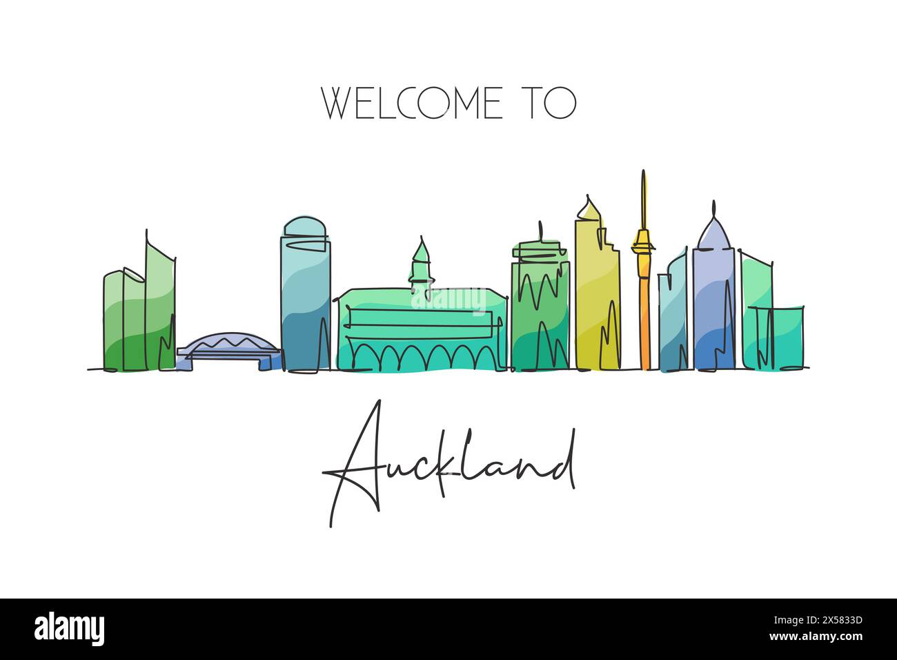 Linea continua singola che disegna lo skyline di Auckland, nuova Zelanda. Famosa cartolina paesaggistica dei raschiatori della città. Concetto di destinazione di viaggio mondiale. Strok modificabile Illustrazione Vettoriale