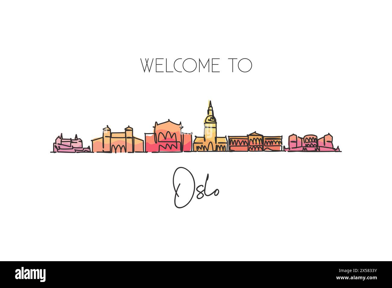 Un disegno su una sola linea dello skyline di Oslo, Norvegia. Cartolina paesaggistica storica mondiale. La migliore destinazione per le vacanze. Tratto modificabile alla moda Illustrazione Vettoriale