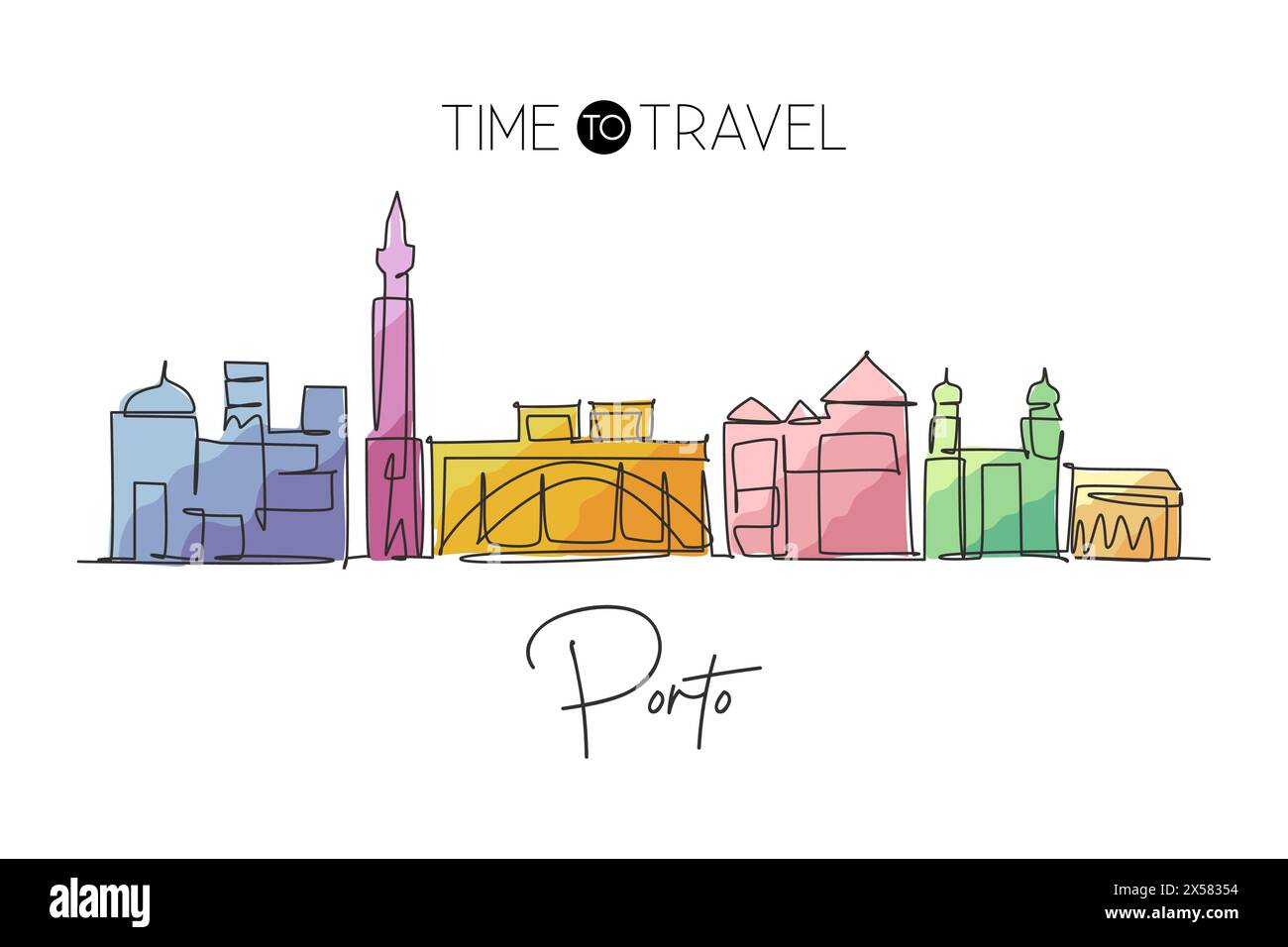 Un disegno continuo dello skyline della città di Porto, Portogallo. Splendido punto di riferimento. Poster del turismo paesaggistico mondiale e delle vacanze di viaggio. Elegante e modificabile Illustrazione Vettoriale