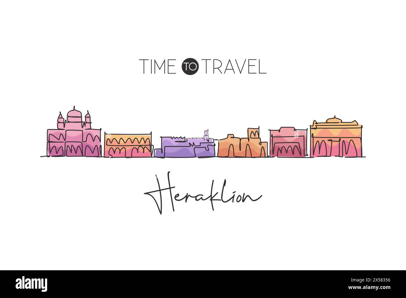 Linea singola continua che disegna lo skyline di Heraklion, Grecia. Famoso raschietto della città paesaggio arredamento per la casa poster stampa arte. Concetto di destinazione di viaggio mondiale. Illustrazione Vettoriale