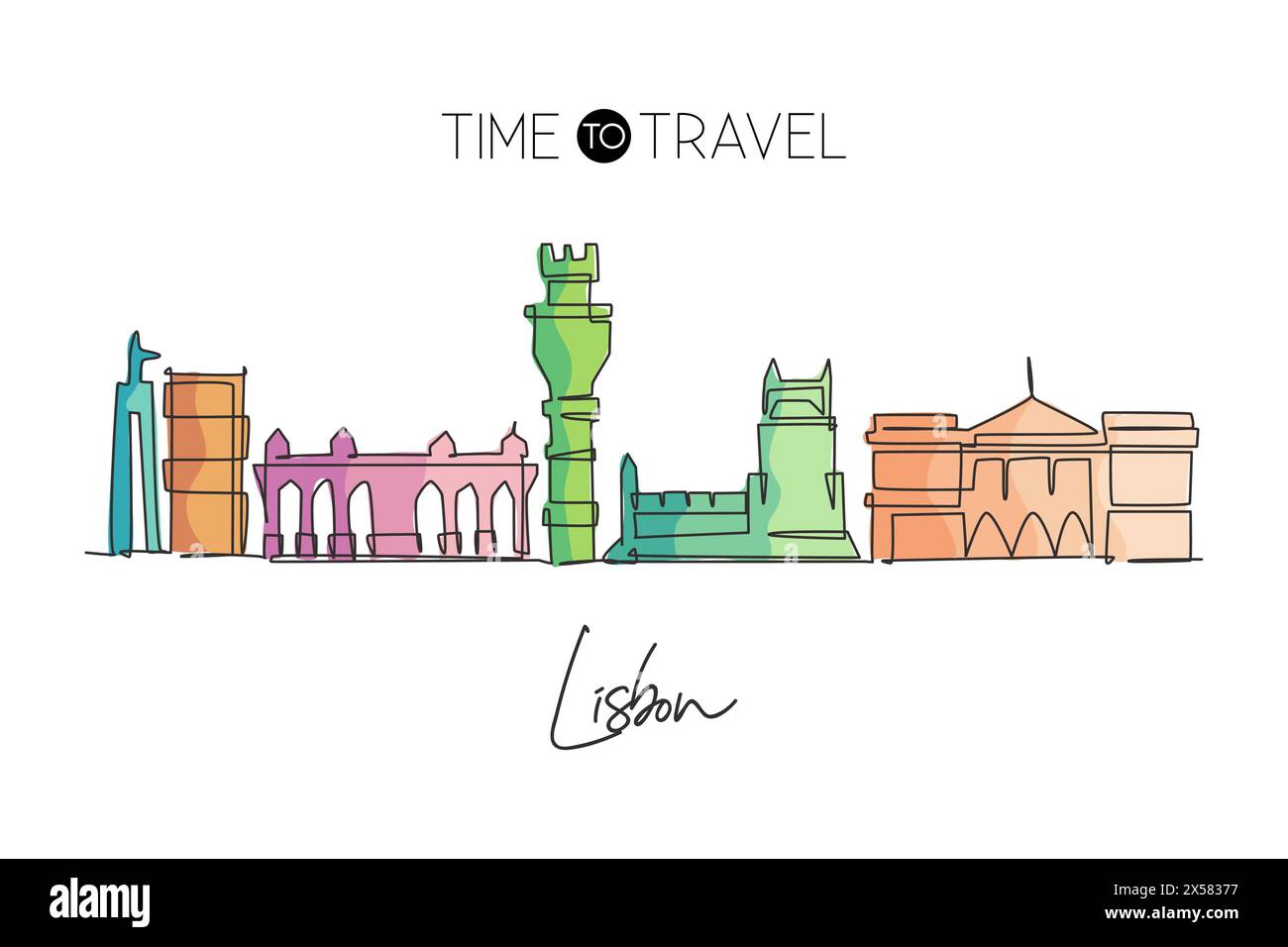 Disegno a linea singola continua dello skyline della città di Lisbona, Portogallo. Il famoso paesaggio cittadino dei raschiatori. Arredamento da parete World Travel Home. Traccia modificabile Illustrazione Vettoriale