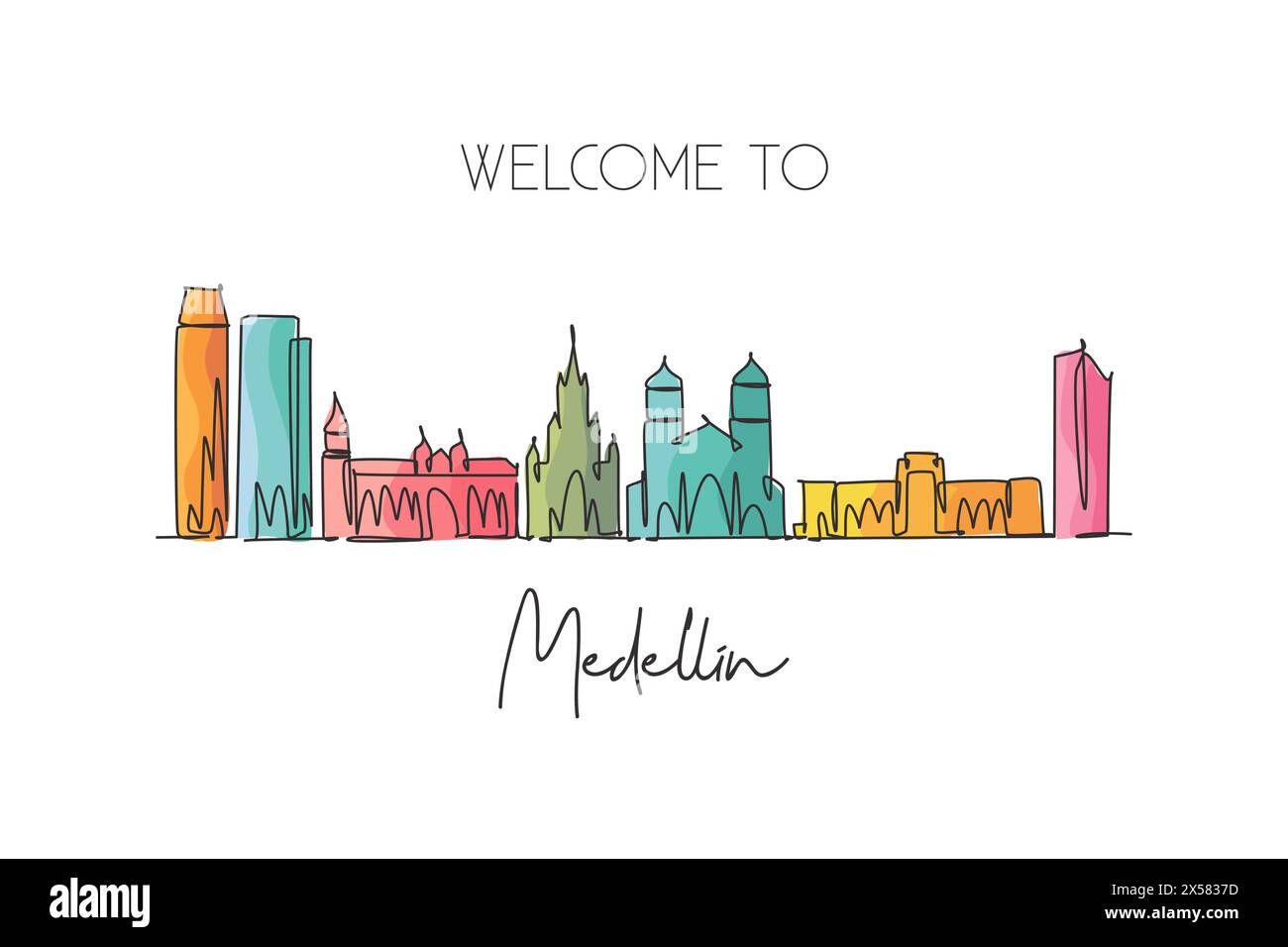 Un disegno su una sola linea dello skyline di Medellin, Colombia. Il paesaggio storico della città. La migliore destinazione per le vacanze. Tratto modificabile co Illustrazione Vettoriale