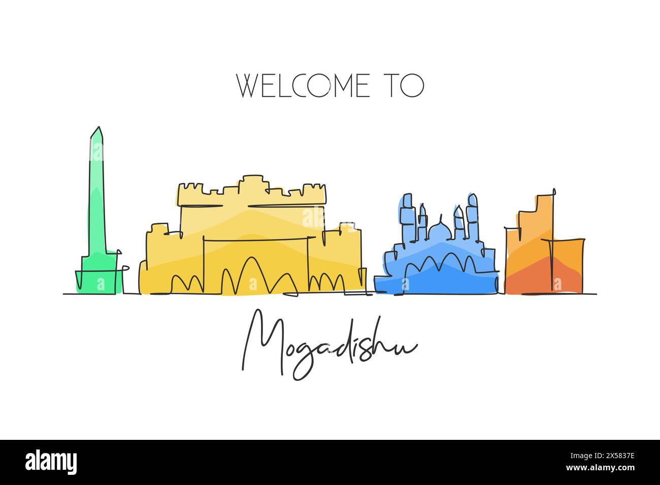 Una linea singola che disegna lo skyline della città di Mogadiscio, Somalia. Luogo storico, paesaggio nel mondo. Cartolina delle migliori destinazioni di vacanza. Trend tratto modificabile Illustrazione Vettoriale