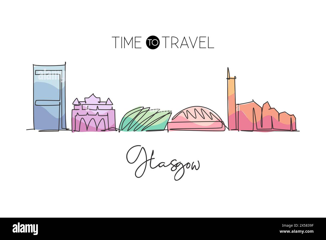 Un disegno su una sola linea dello skyline di Glasgow, Scozia. Il paesaggio storico della città nel mondo. Stampa di decorazioni da parete per poster della migliore destinazione per le vacanze. Tendenza Illustrazione Vettoriale