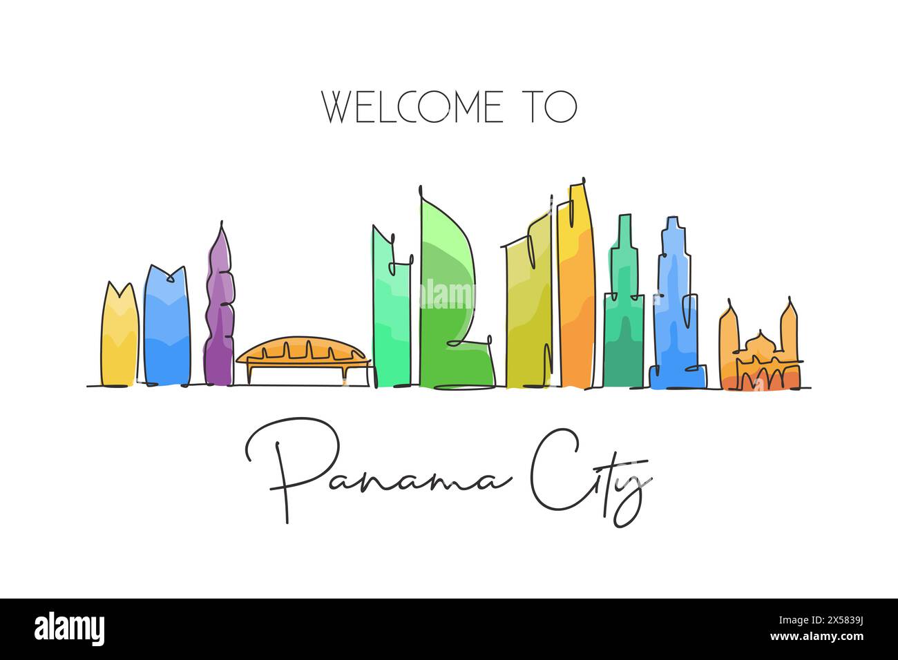 Un disegno su una sola linea dello skyline di Panama, Panama. Il paesaggio storico della città. Cartolina della migliore destinazione per le vacanze. Tratto modificabile tren Illustrazione Vettoriale