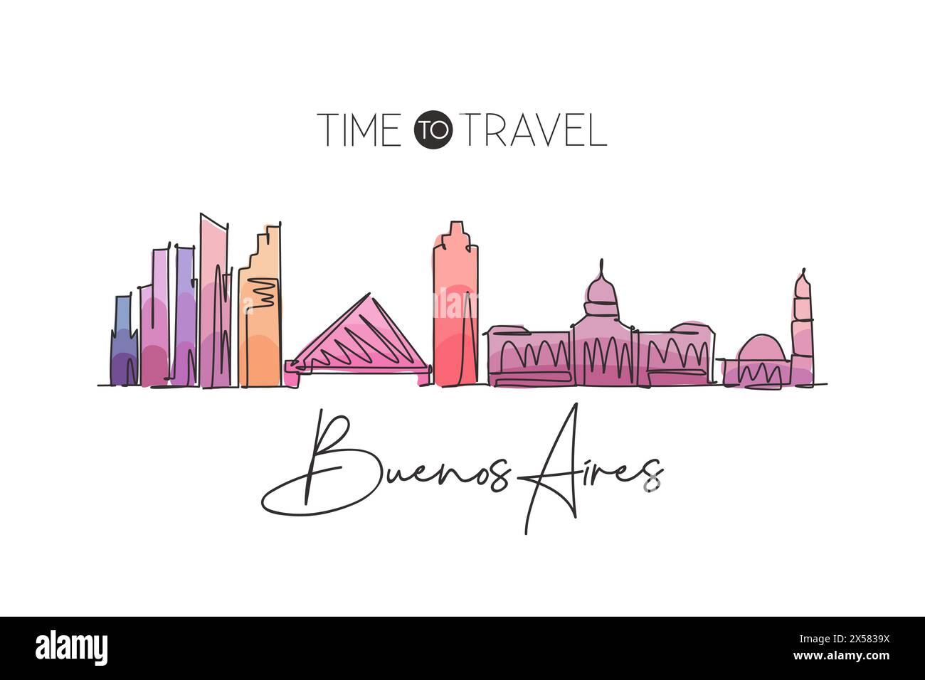 Una linea continua che disegna lo skyline della città di Buenos Aires in Argentina. Splendido punto di riferimento. Turismo paesaggistico mondiale e vacanza di viaggio. Elegante e modificabile Illustrazione Vettoriale