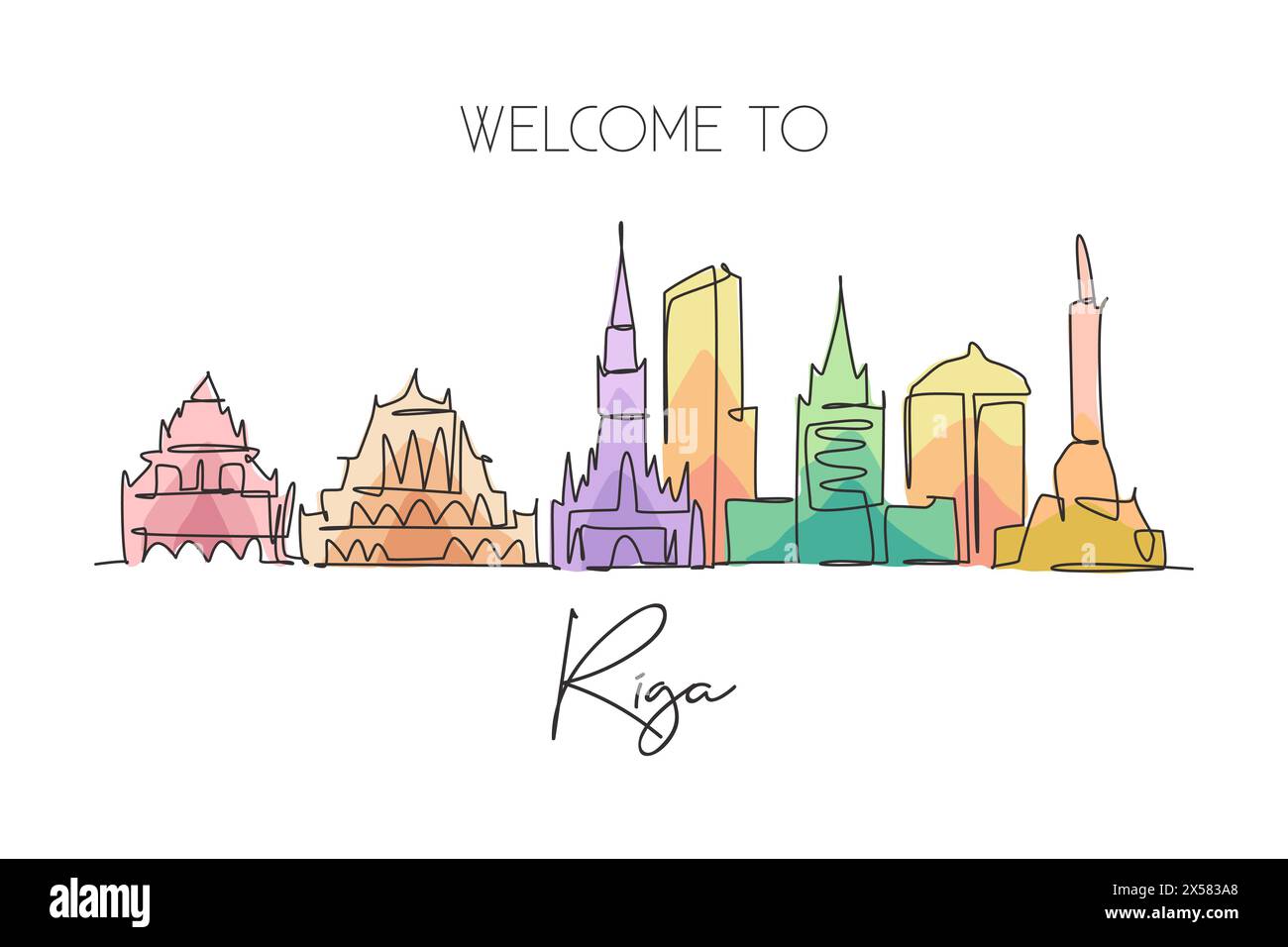 Un disegno a linea singola dello skyline di riga, Lettonia. Il paesaggio storico della città nel mondo. Stampa di poster delle migliori destinazioni di vacanza. Trend tratto modificabile Illustrazione Vettoriale