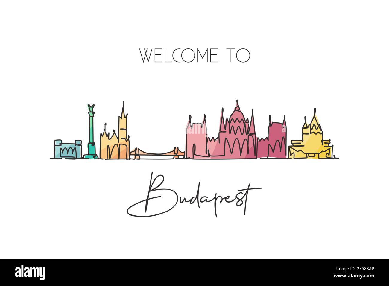 Un disegno continuo dello skyline di Budapest, Ungheria. Splendida cartolina. Turismo paesaggistico mondiale vacanze di viaggio. Elegante e modificabile Illustrazione Vettoriale
