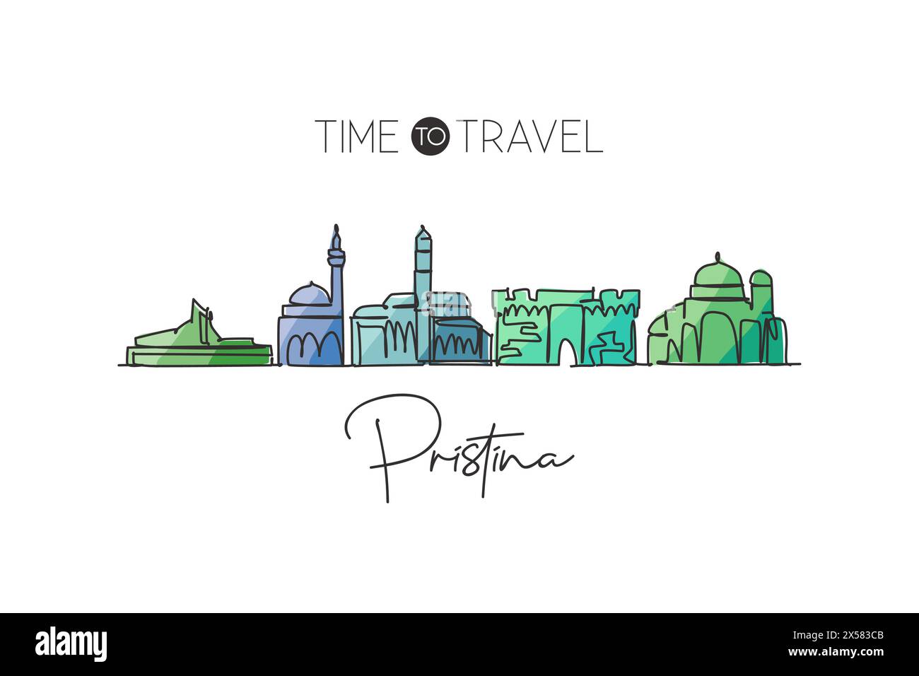 Linea singola continua che disegna lo skyline di Pristina, Kosovo. Il famoso paesaggio cittadino dei raschiatori. Concetto di stampa di poster per poster per la casa, da parete e destinazione di viaggio mondiale. Illustrazione Vettoriale