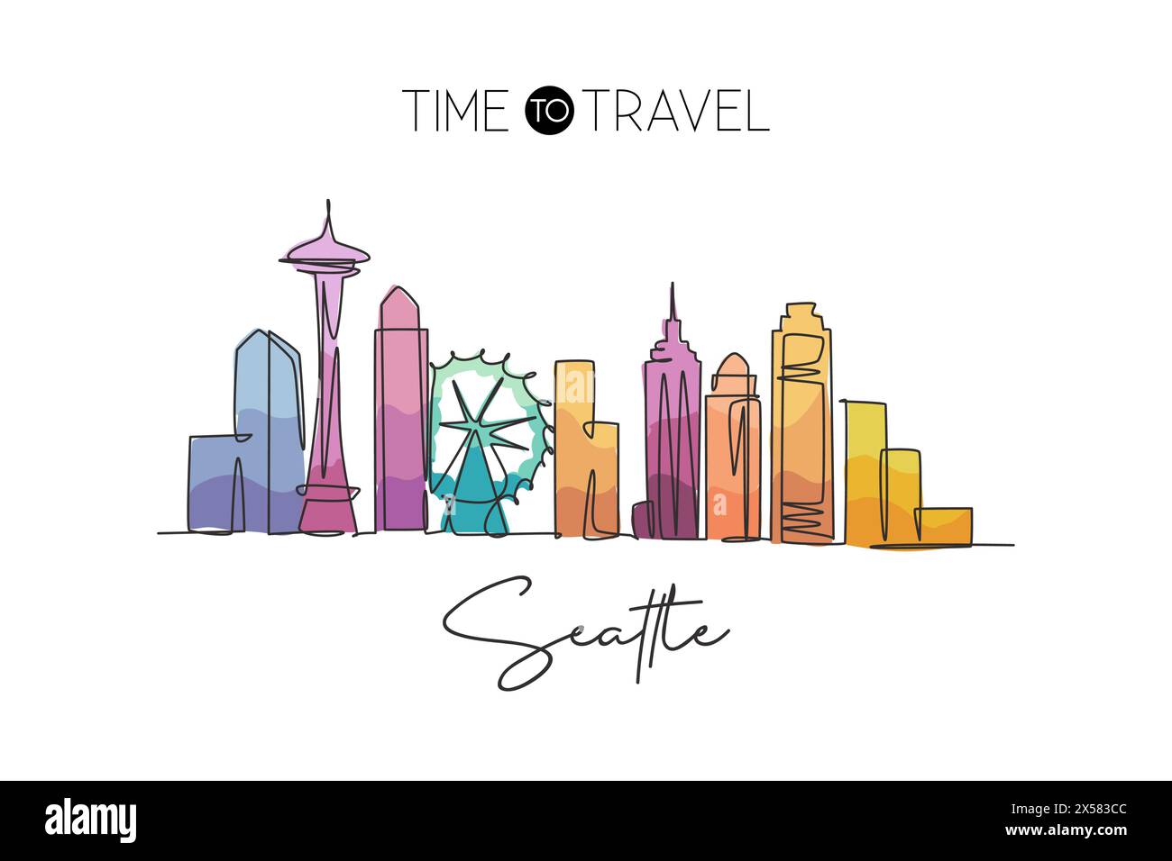 Una linea continua che disegna lo skyline di Seattle, Stati Uniti. Splendido punto di riferimento. Turismo paesaggistico mondiale e vacanza di viaggio. Elegante e modificabile Illustrazione Vettoriale
